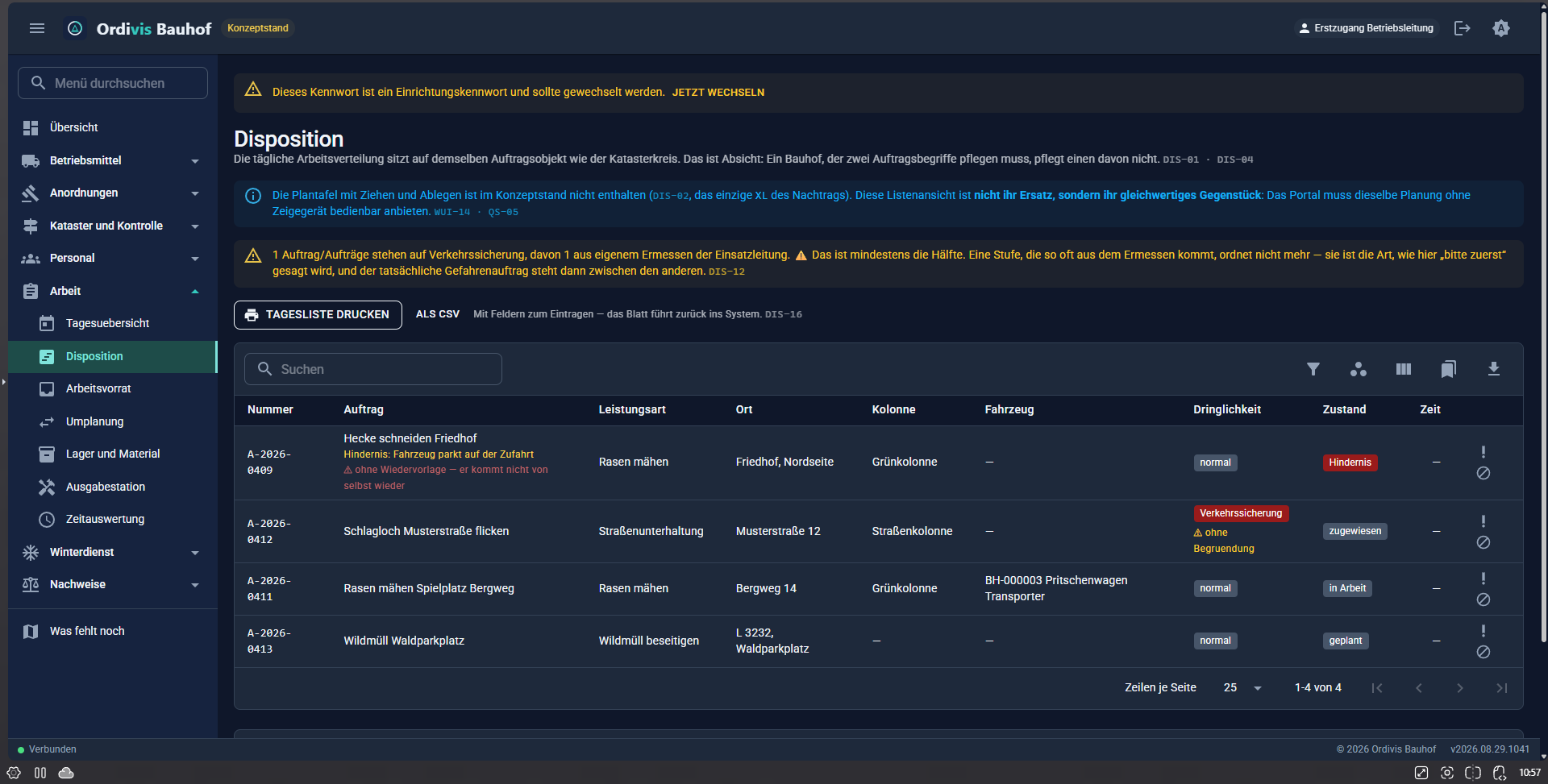 Ordivis Bauhof, Webportal: Disposition mit Auftrag, Leistungsart, Ort, Kolonne, Fahrzeug und Dringlichkeit