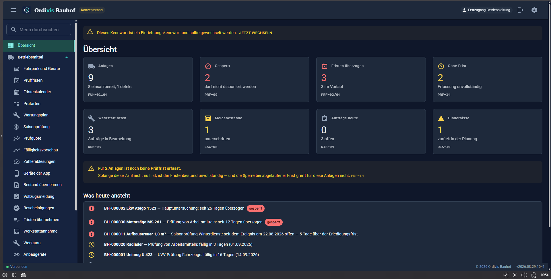 Ordivis Bauhof, Webportal: Übersicht mit denselben Kennzahlen und der Liste der heute fälligen Prüfungen