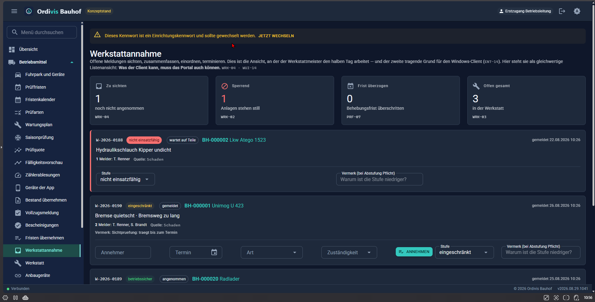 Ordivis Bauhof, Webportal: Werkstattannahme mit Einstufung, Annehmer, Termin und Pflichtvermerk