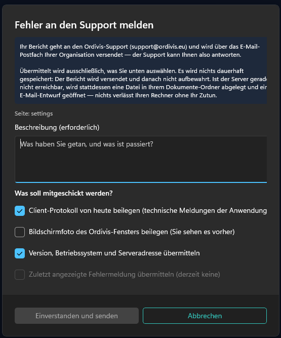 Ordivis Dialog Fehler an den Support melden mit Datenschutzhinweis und einzeln abwählbaren Belegen
