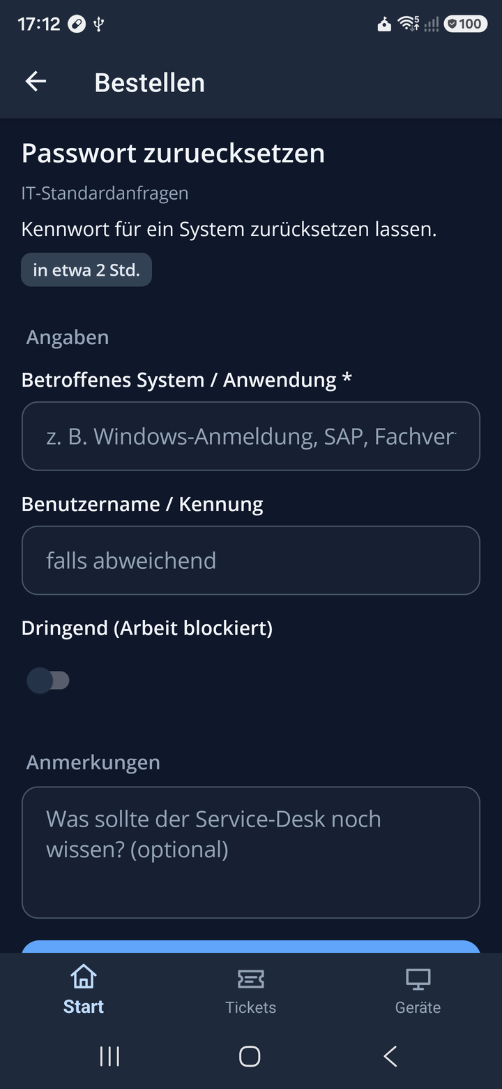 Bestellformular mit Auswahlfeld, Textfeldern und Schalter