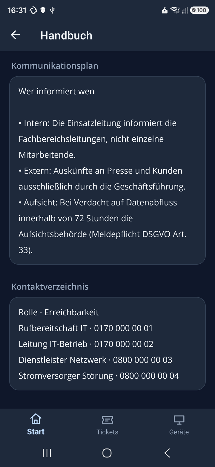 Notfallhandbuch mit Kommunikationsplan und Kontaktverzeichnis