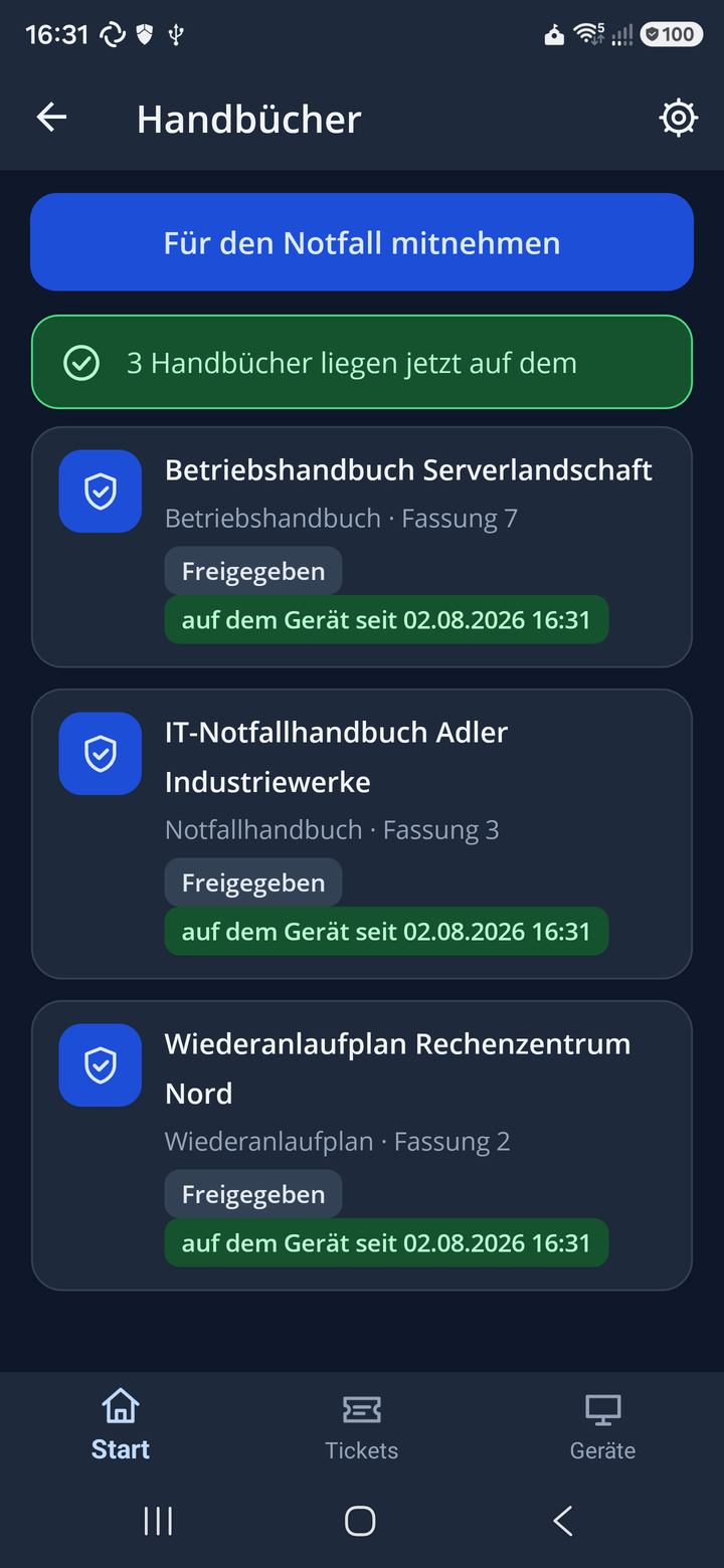 Liste freigegebener Handbücher, jede Zeile mit Plakette „auf dem Gerät seit“