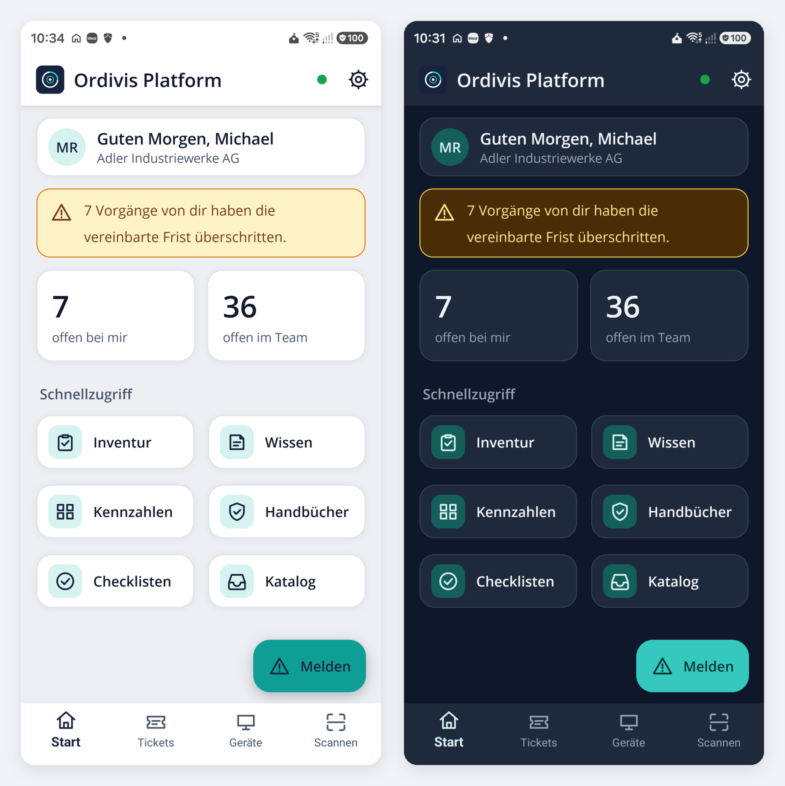 Ordivis Android-App: Startseite im hellen und im dunklen Erscheinungsbild nebeneinander