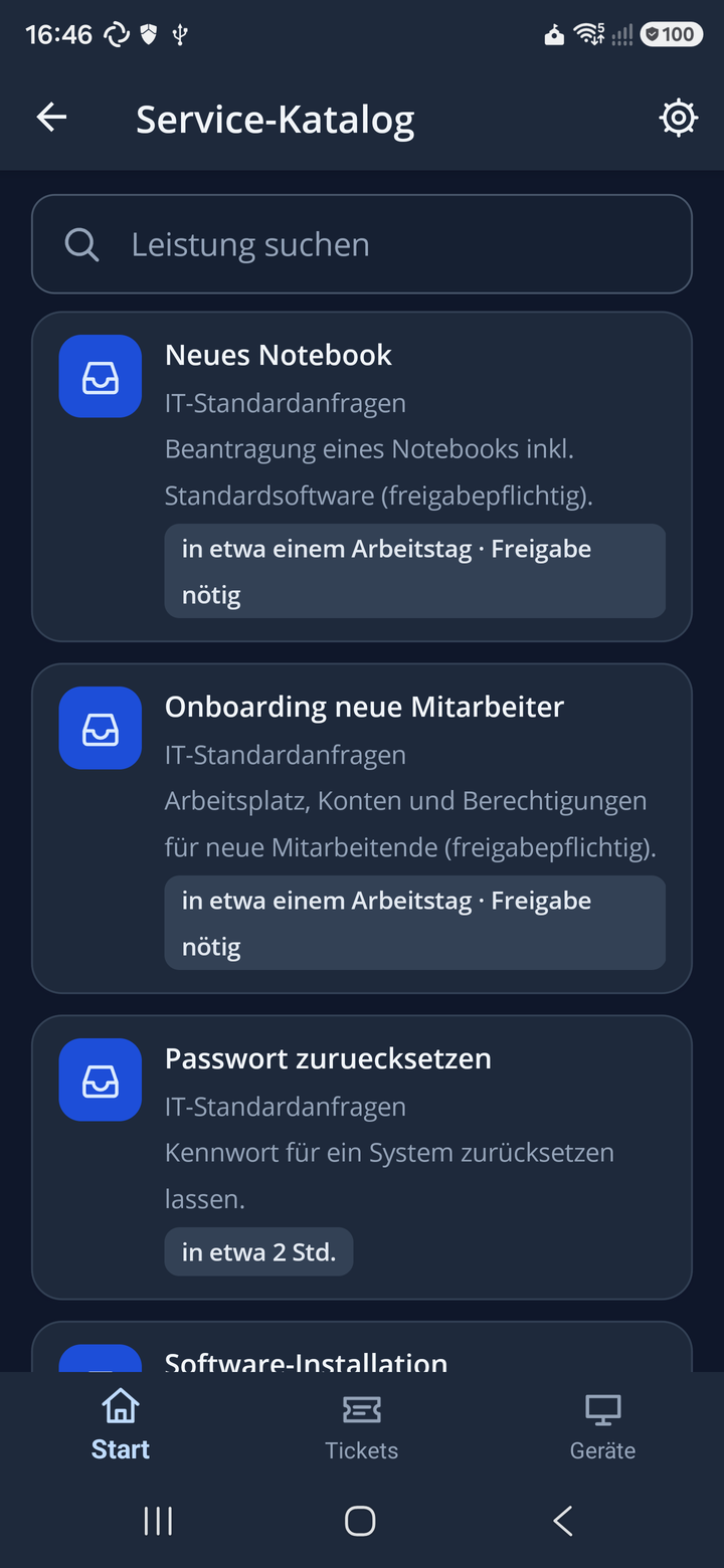 Service-Katalog mit Suchzeile und Angabe der Bearbeitungsdauer je Leistung
