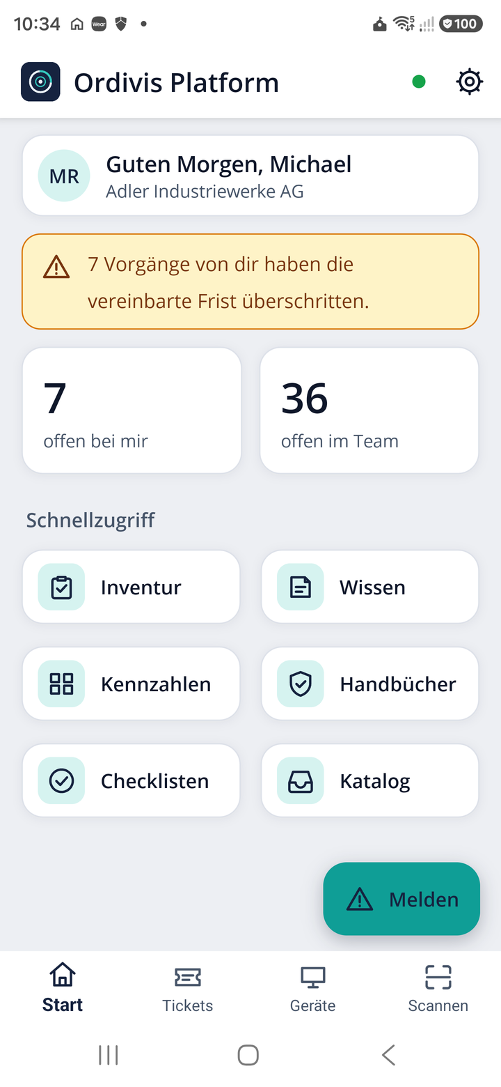 Startseite der Android-App mit Kacheln für Inventur, Wissen, Kennzahlen, Handbücher, Checklisten und Service-Katalog