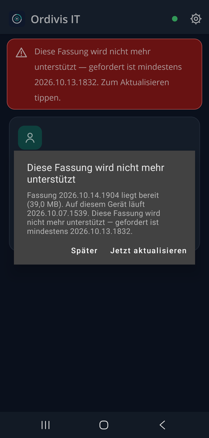 Hinweis der App auf eine neue Fassung mit Größe und Mindestfassung