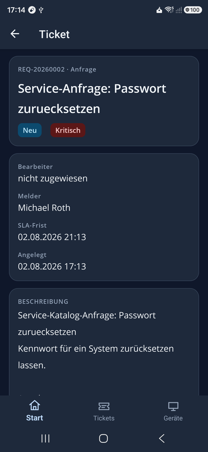 Service-Vorgang mit Nummer, Status, Melder und SLA-Frist