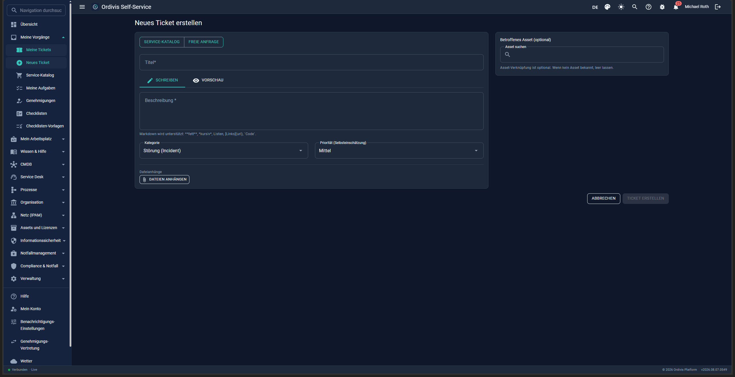 Ordivis Portal neues Ticket
