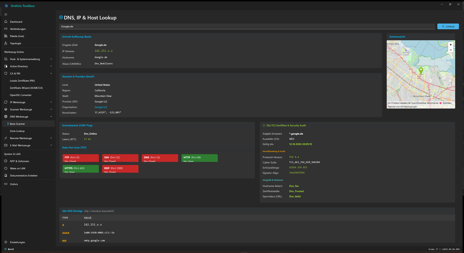 Ordivis Toolbox - DNS-, IP- & Host-Lookup