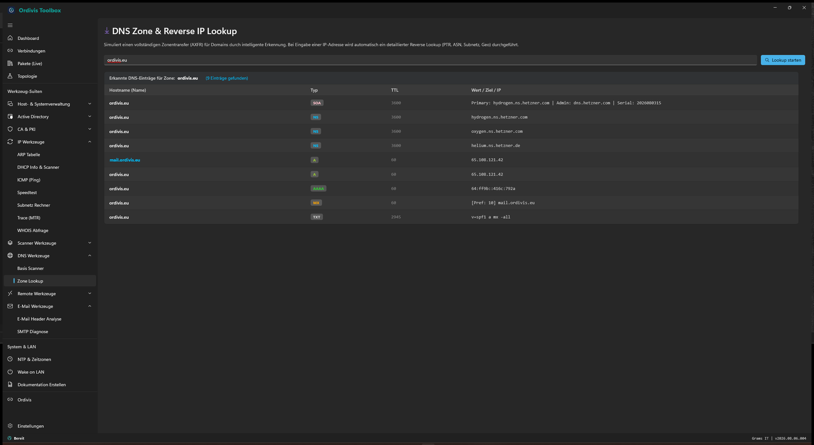 Ordivis Toolbox - DNS-Zone & Reverse-IP-Lookup