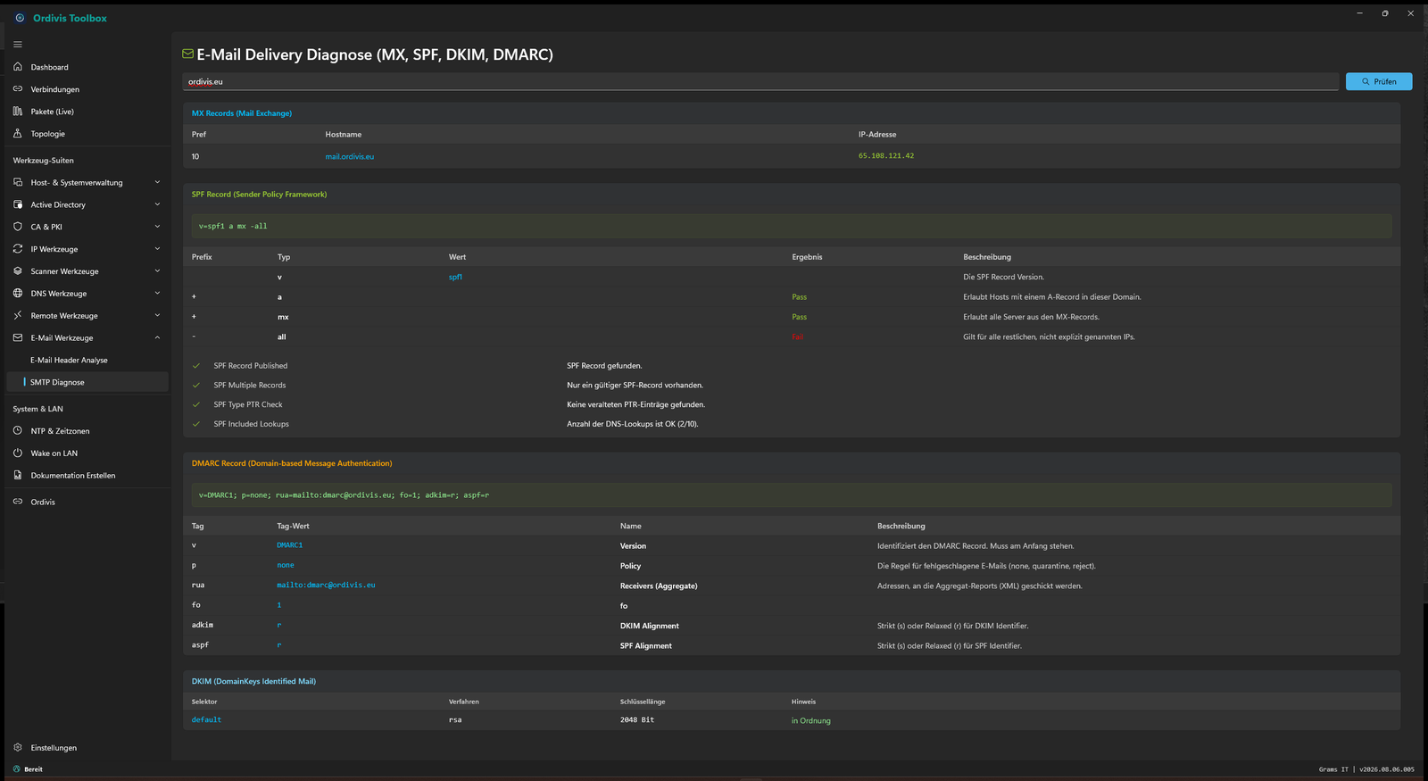 Ordivis Toolbox - E-Mail-Delivery-Diagnose (MX, SPF, DKIM, DMARC)