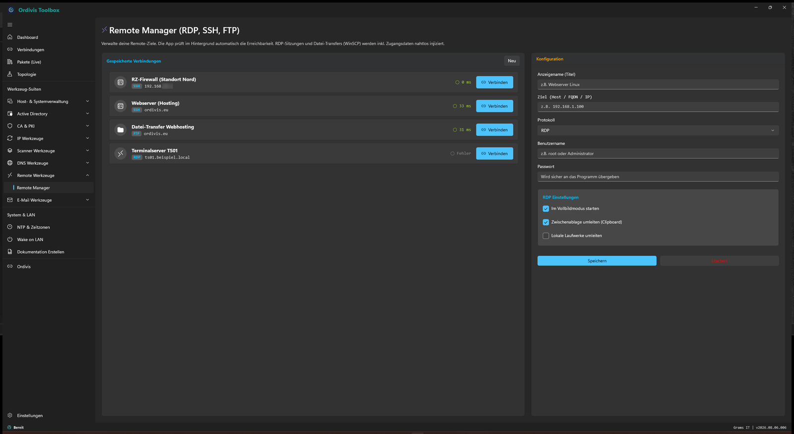 Ordivis Toolbox - Remote-Manager (RDP, SSH, FTP)