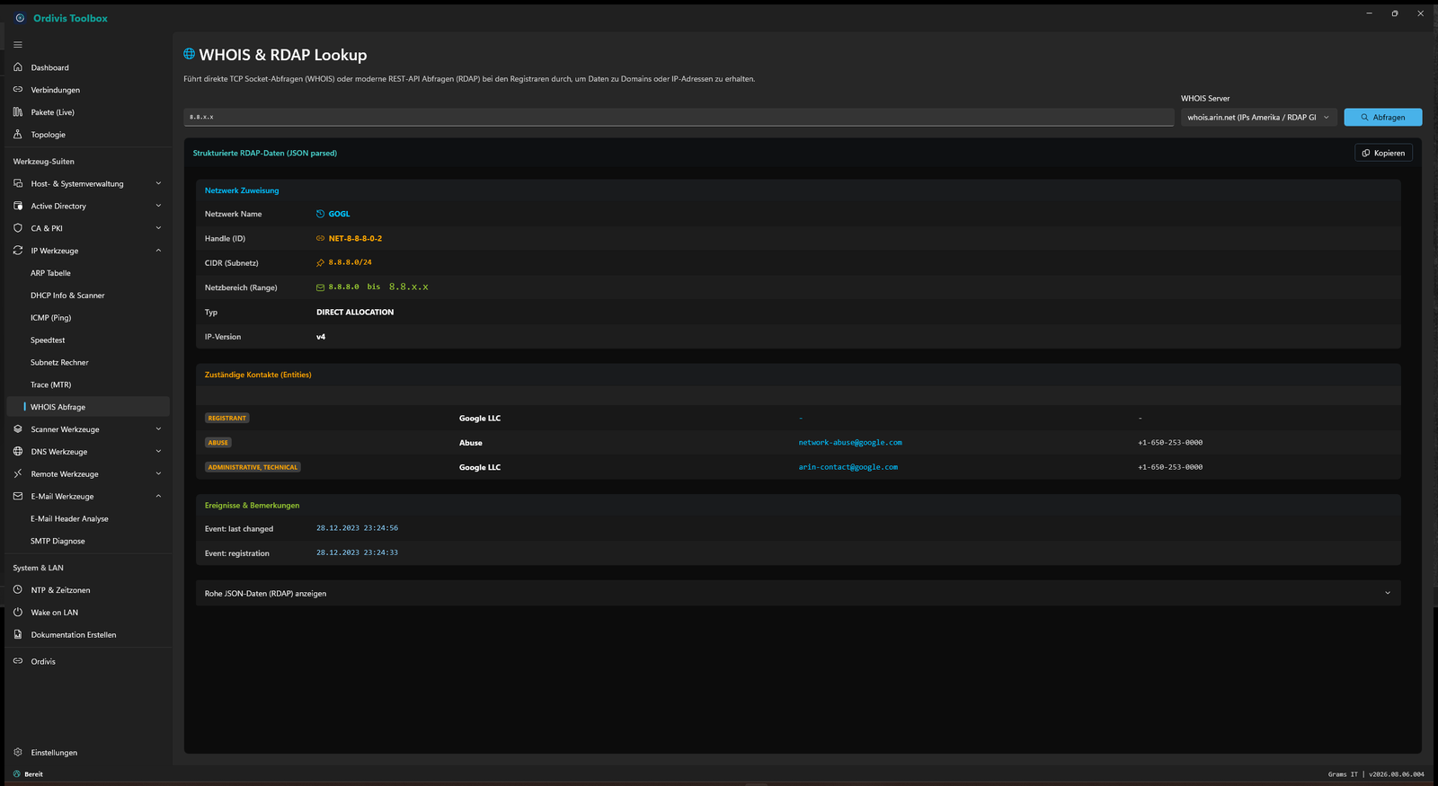 Ordivis Toolbox - WHOIS- & RDAP-Abfrage
