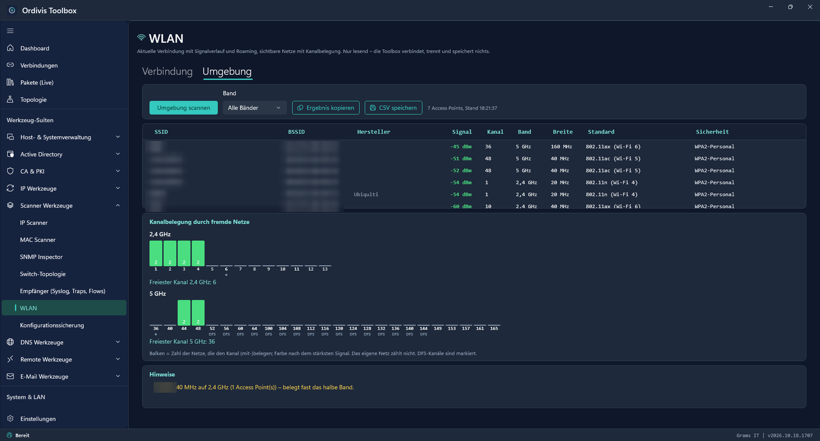 Ordivis Toolbox &ndash; WLAN-Umgebung mit Kanalbelegung