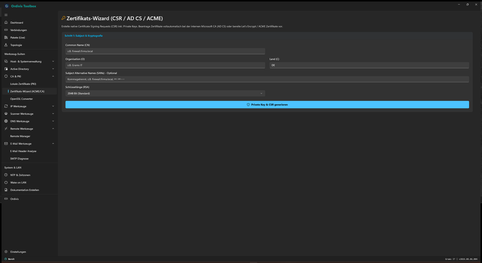 Ordivis Toolbox - Zertifikats-Wizard (CSR / AD CS / ACME)